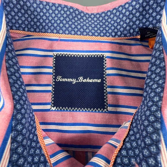 Tommy Bahama Mens Medium Pink Blue Stripe Button‎ Down Shirt 100% Pima Cotton - Picture 5 of 8